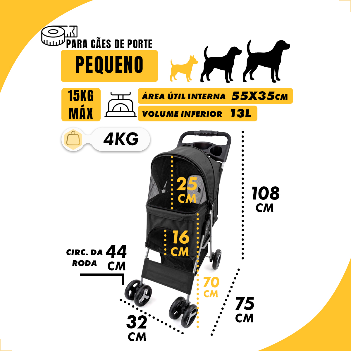 CARRINHO DE PASSEIO TRANSPORTE PET CÃS E GATOS ATÉ 15KG - Preto — foto 3