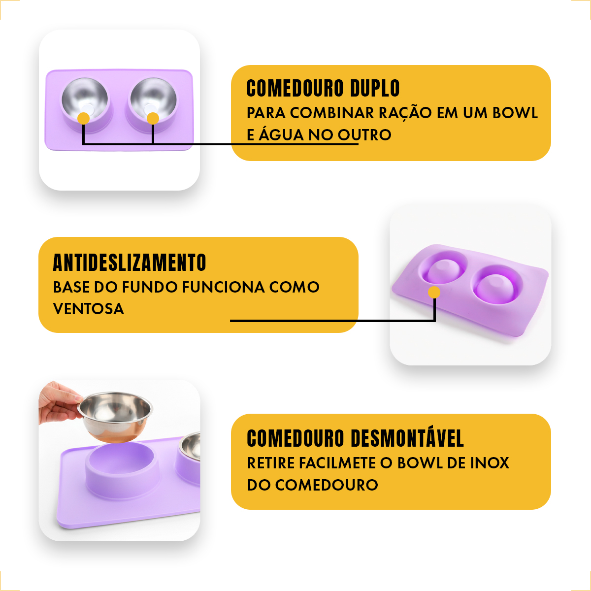 Comedouro bebedouro duplo silicone inox antiderrapante - Roxo — foto 4