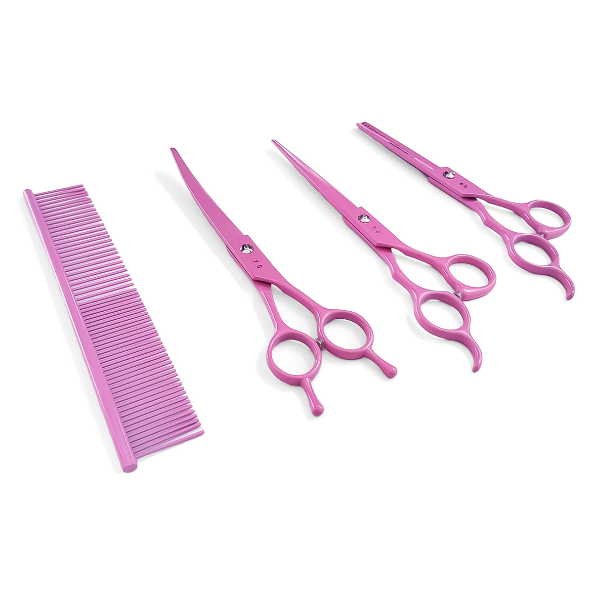 Kit 3 Tesouras Banho Tosa 7 Polegadas (4 Peças) - ANIMAUX - ROSA
