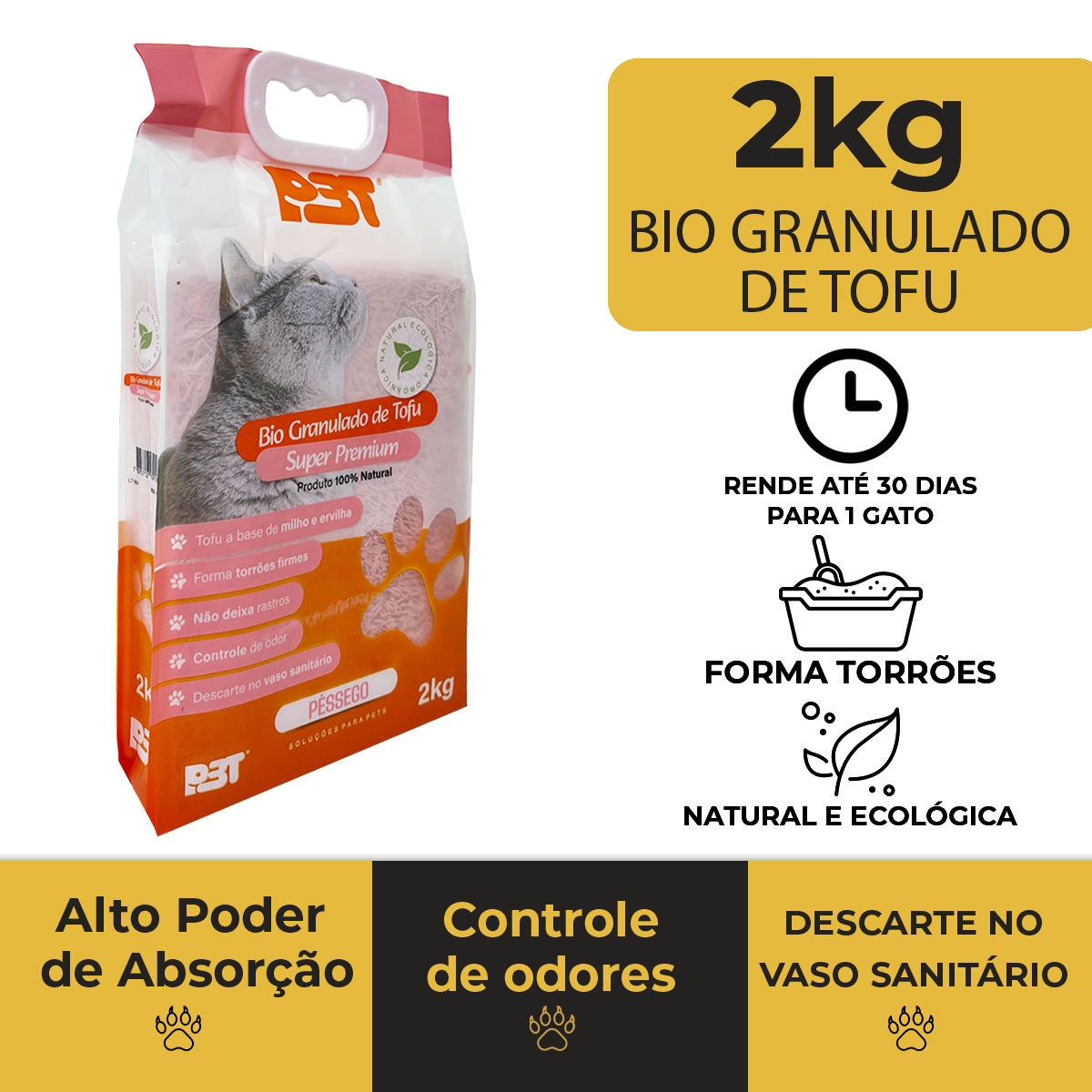 Granulado Biodegradável De Tofu Areia Banheiro  Sanitário de Gato 2kg PÊSSEGO P3T — foto 2