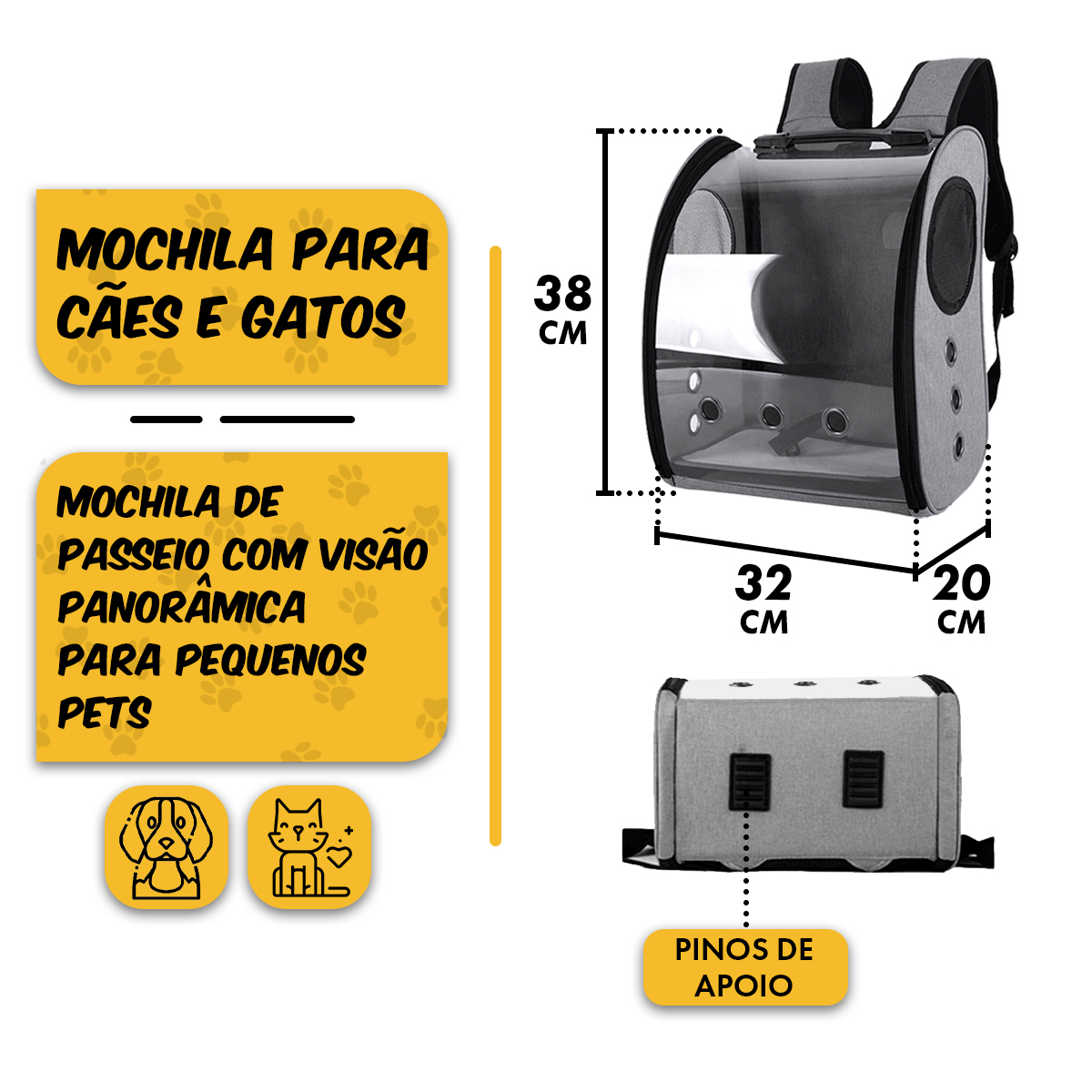 Mochila Pet de Transporte com Visor Cães e Gatos - Cinza — foto 2