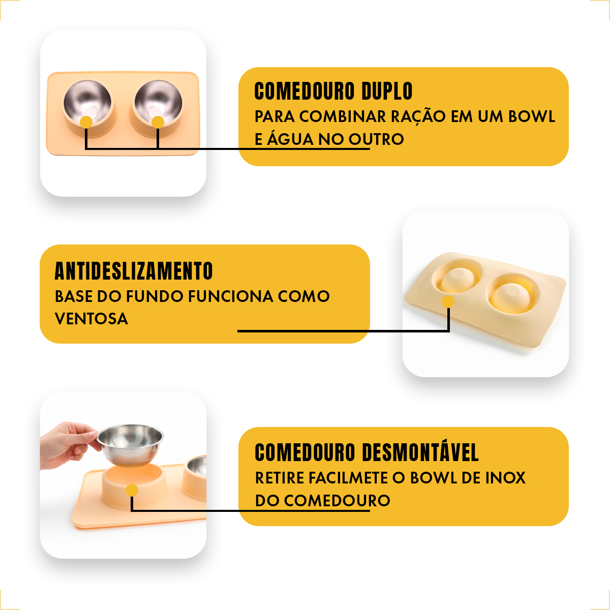 Comedouro bebedouro duplo silicone inox antiderrapante - Bege — foto 4