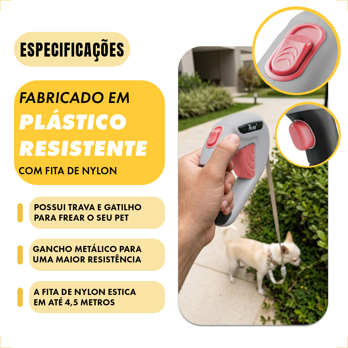 Guia Retrátil P/ Coleira Passeio Cães 5m Retangular #2 - Rosa — foto 6