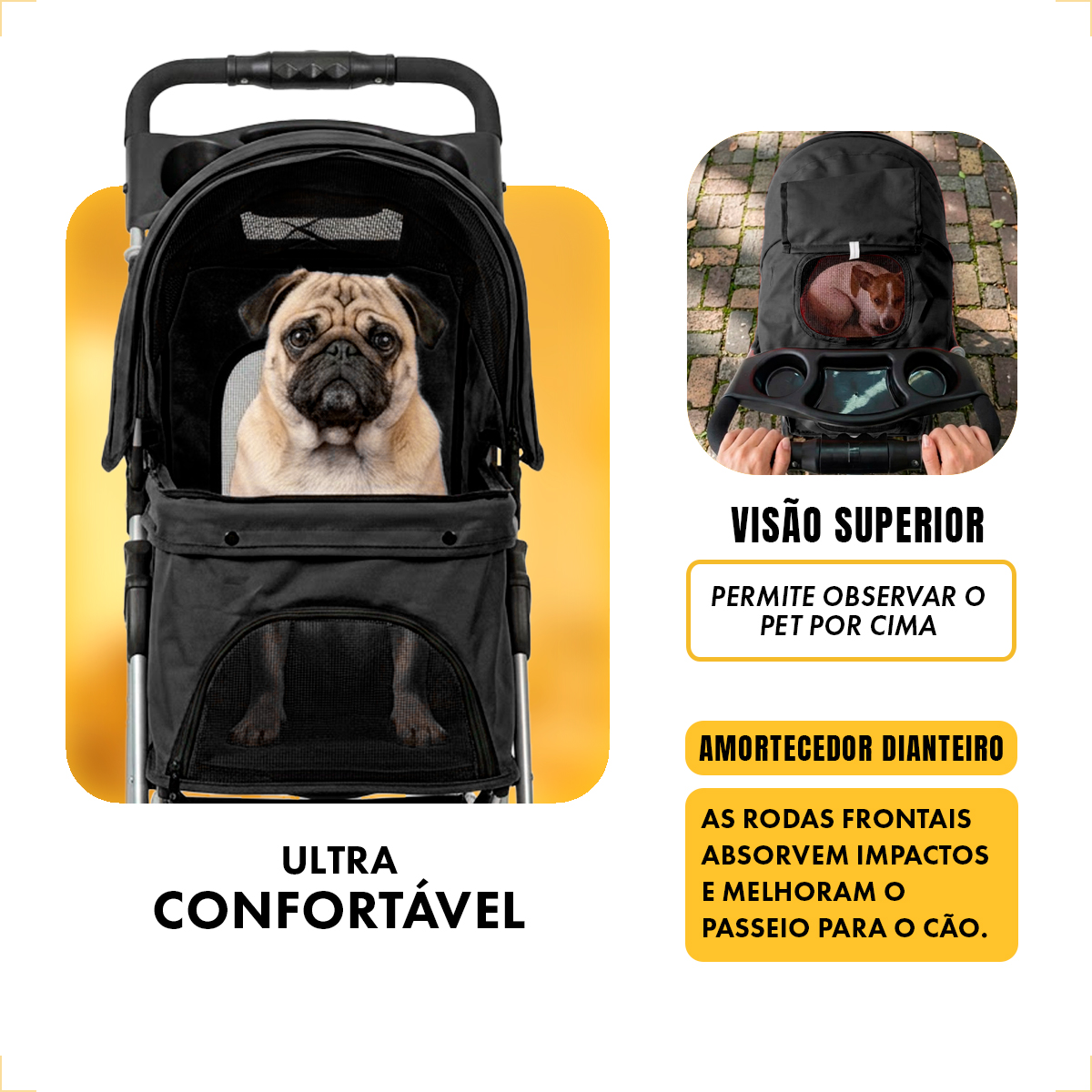 CARRINHO DE PASSEIO TRANSPORTE PET CÃS E GATOS ATÉ 15KG - Preto — foto 6