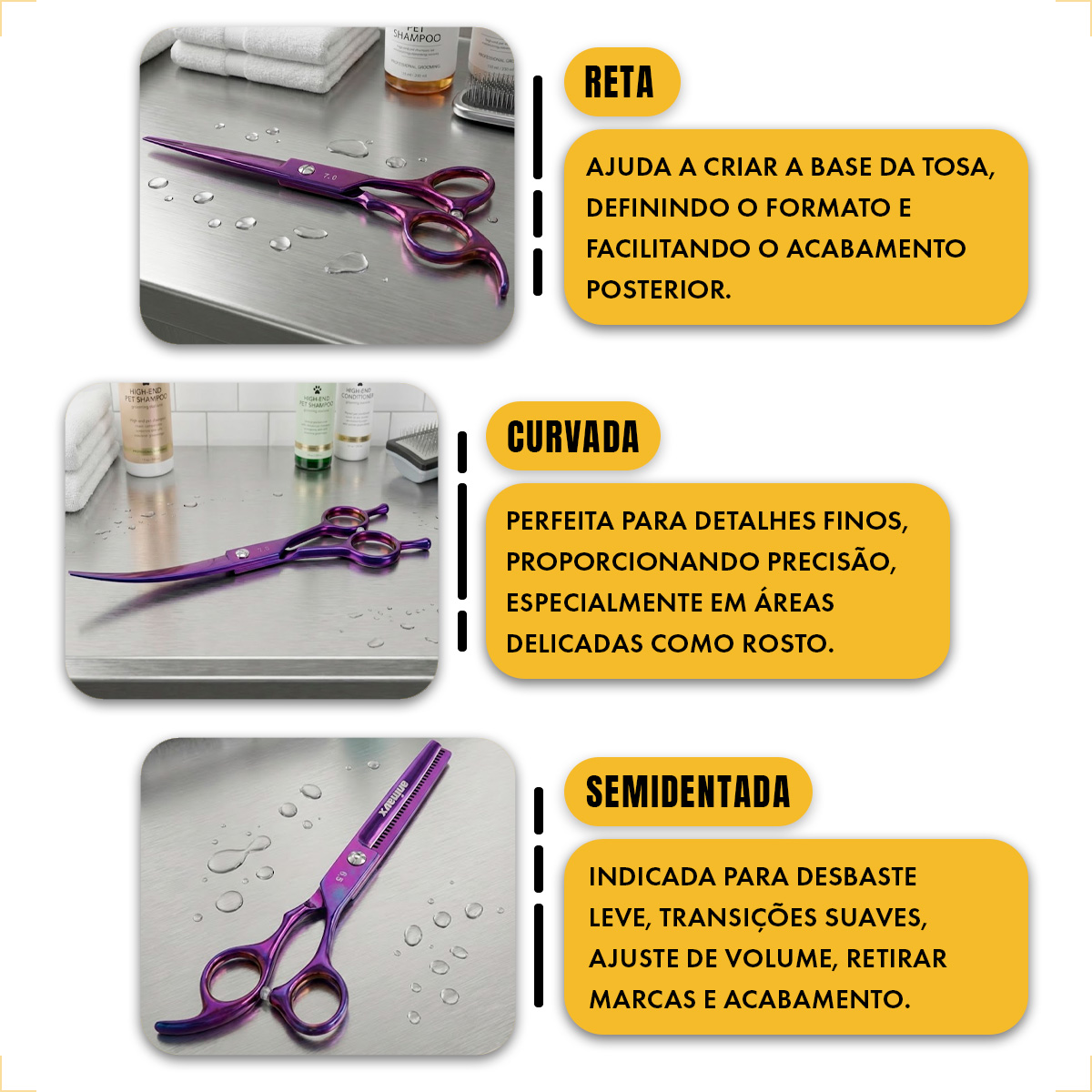 Kit 3 Tesouras Banho Tosa 7 Polegadas (4 Peças) - ANIMAUX - Roxa — foto 6