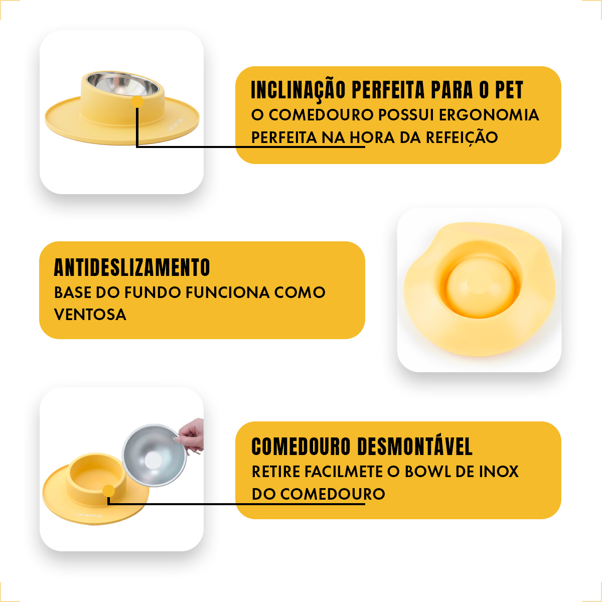 Comedouro bebedouro silicone inox antiderrapante - Amarelo — foto 5
