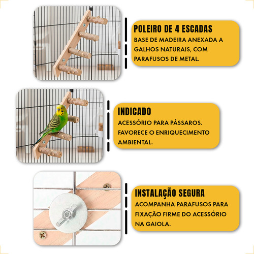 Escadinha De Madeira Pássaros Calopsita Poleiro 4 Degraus Marrom — foto 4