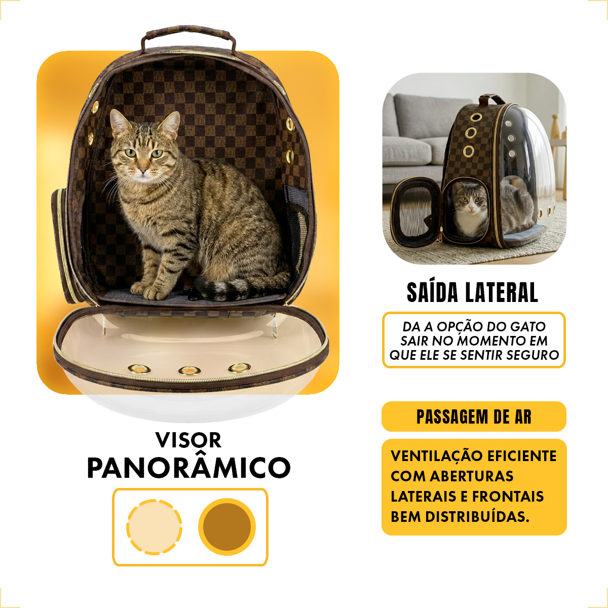 Bolsa Mochila Visor Astronauta Cães Gatos LV 42cm - Marrom — foto 5