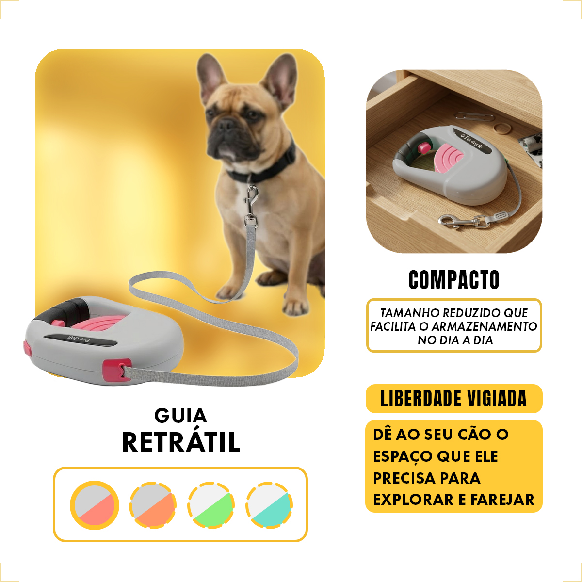Guia Retrátil P/ Coleira Passeio Cães 5m Retangular #2 - Rosa — foto 5