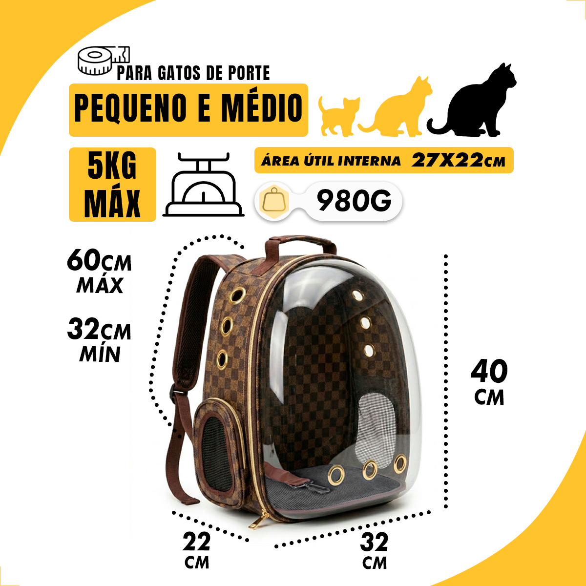 Bolsa Mochila Visor Astronauta Cães Gatos LV 42cm - Marrom — foto 2