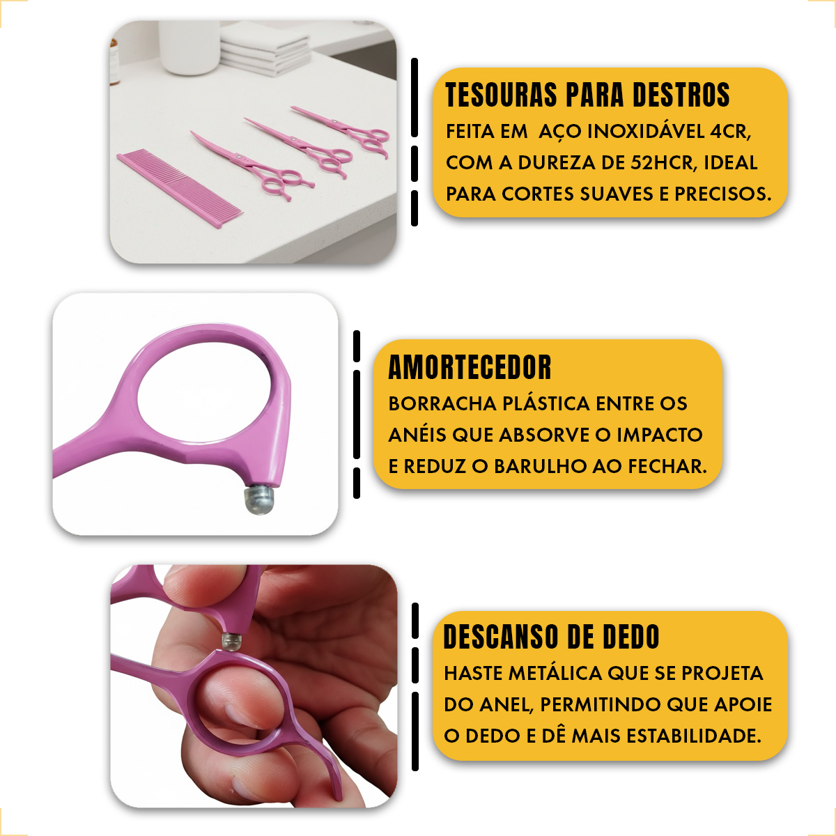 Kit 3 Tesouras Banho Tosa 7 Polegadas (4 Peças) - ANIMAUX - ROSA — foto 4