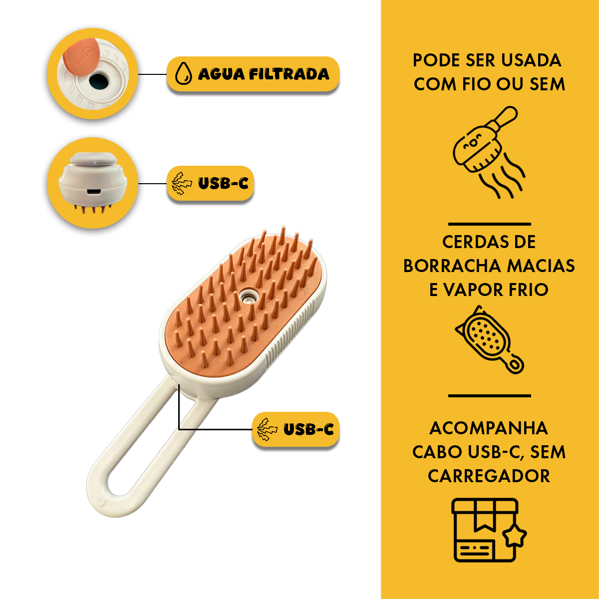 Escova Pet Vapor Recarregável Cão Gato Anti Pelos - Branco — foto 5