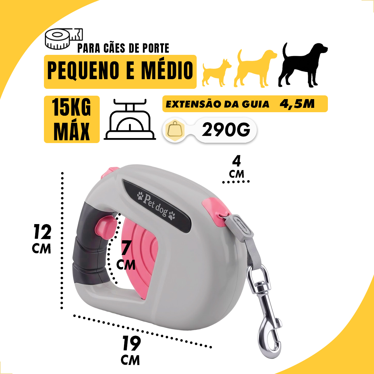 Guia Retrátil P/ Coleira Passeio Cães 5m Retangular #2 - Rosa — foto 2