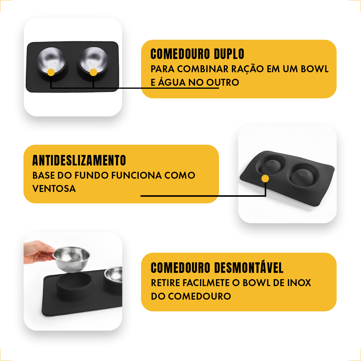 Comedouro bebedouro duplo silicone inox antiderrapante - Preto — foto 4