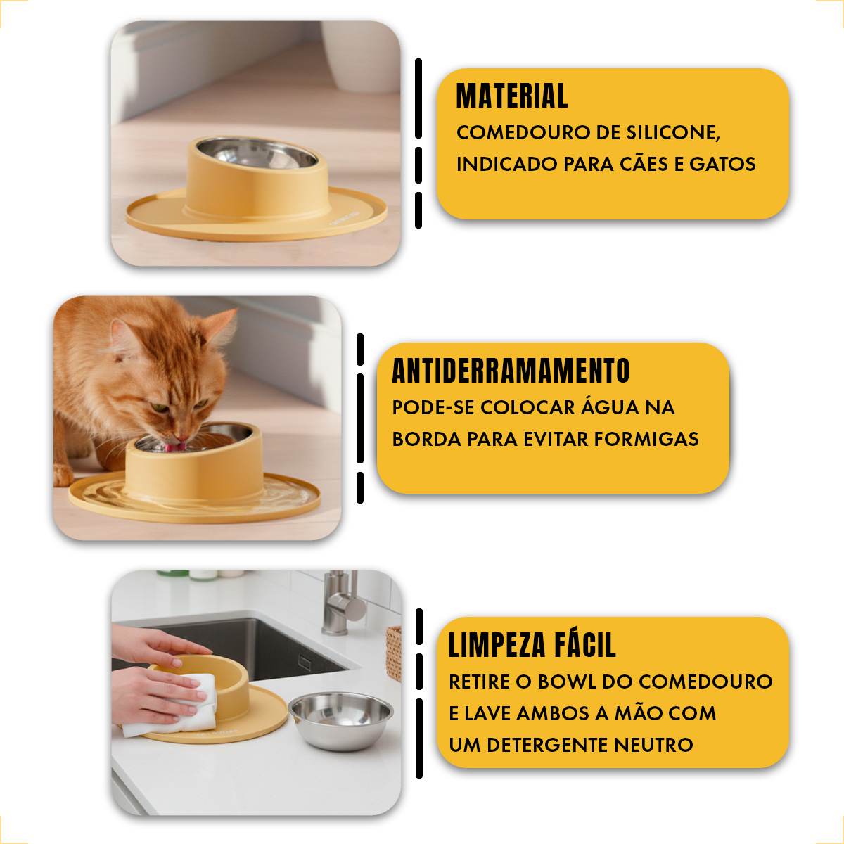 Comedouro bebedouro silicone inox antiderrapante - Amarelo — foto 4
