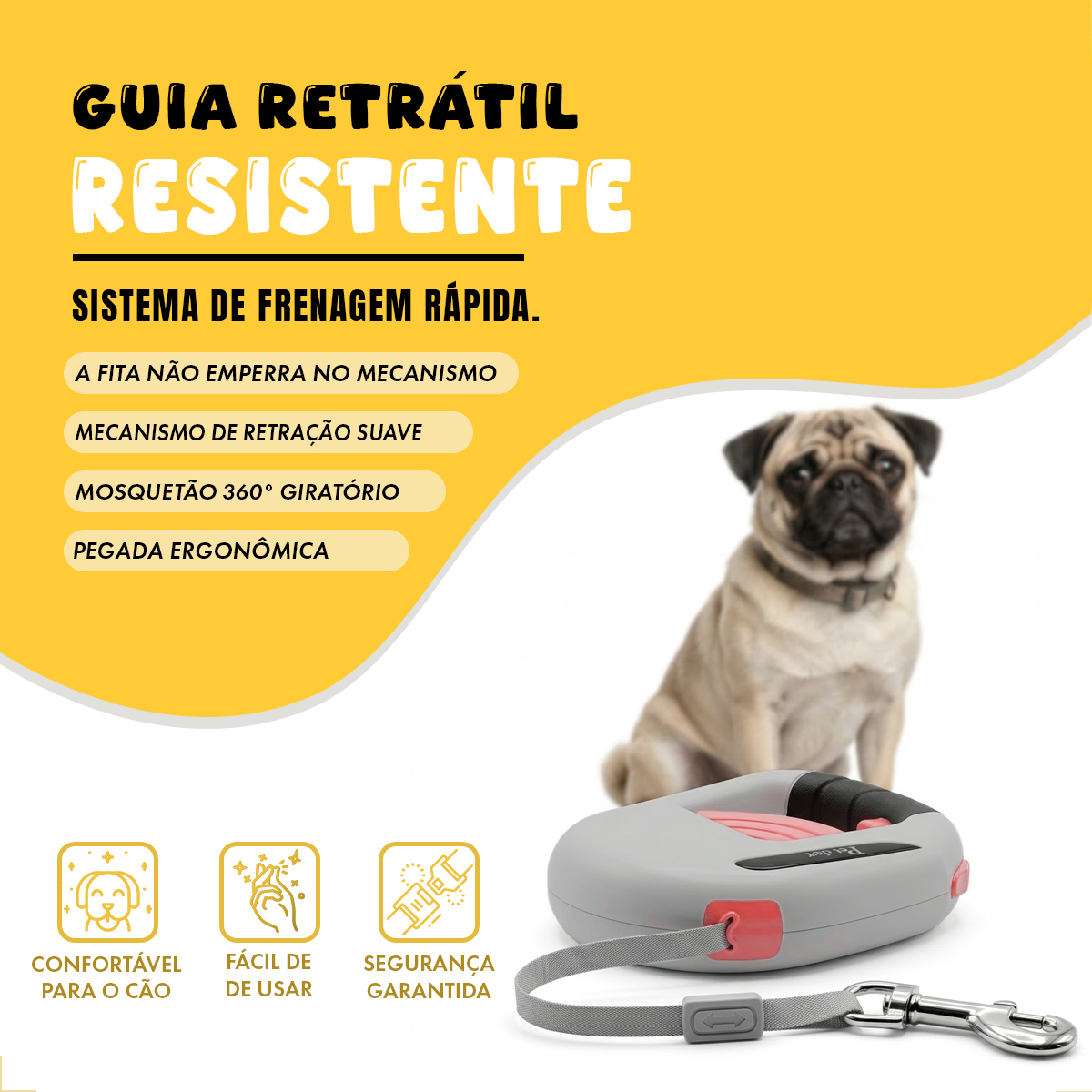 Guia Retrátil P/ Coleira Passeio Cães 5m Retangular #2 - Rosa — foto 4