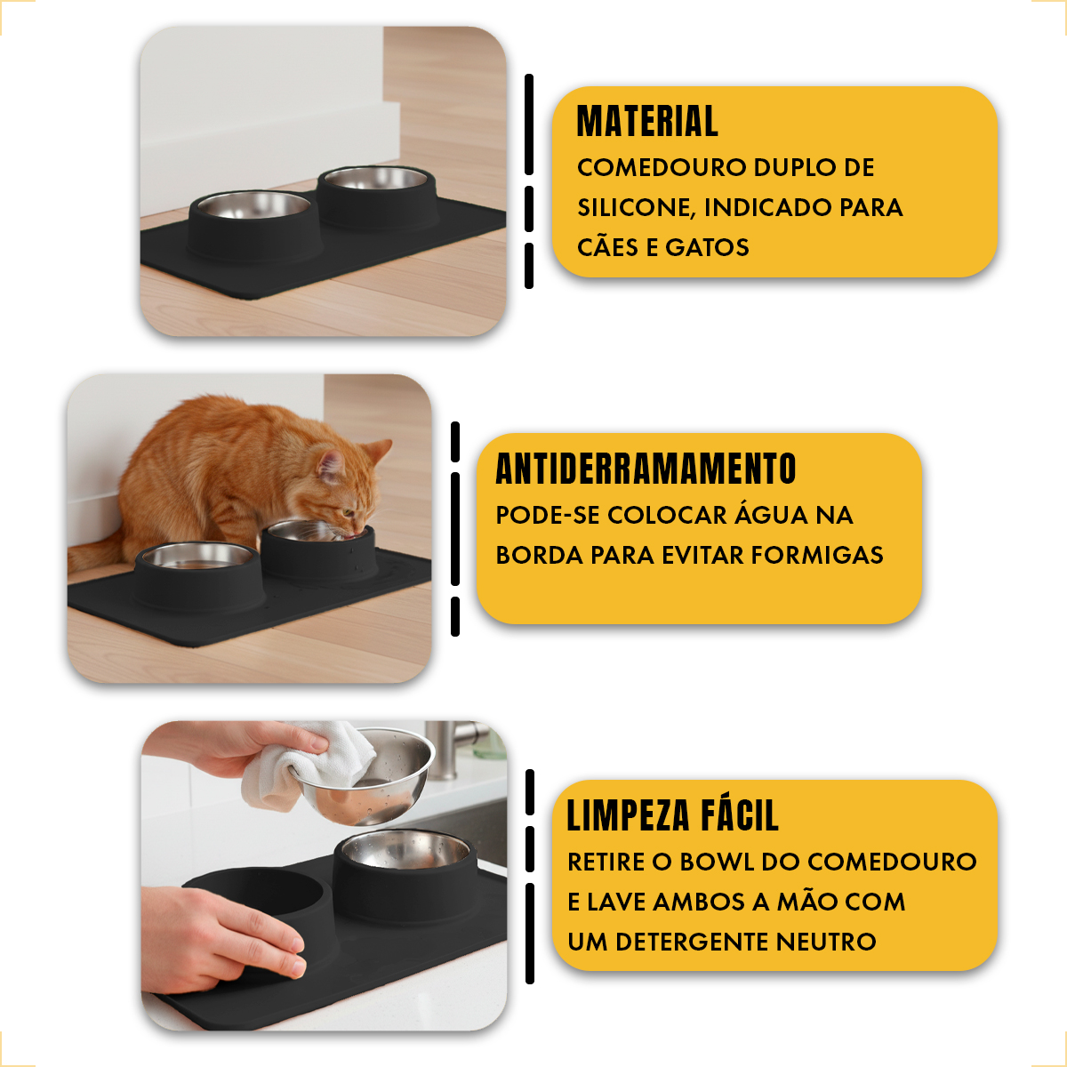 Comedouro bebedouro duplo silicone inox antiderrapante - Preto — foto 2