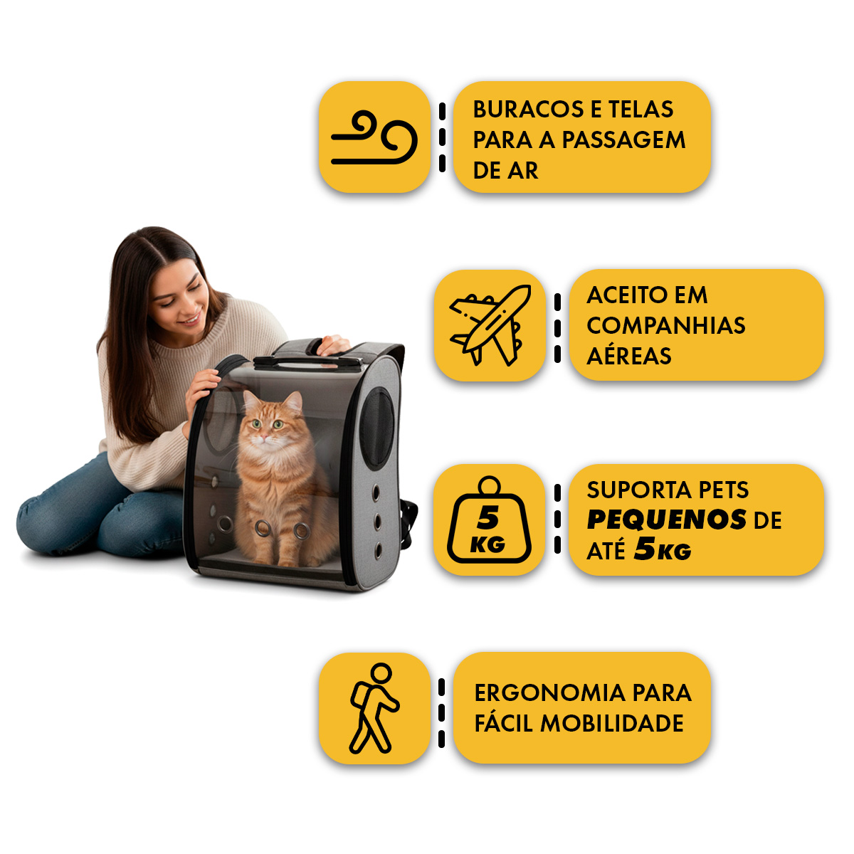 Mochila Pet de Transporte com Visor Cães e Gatos - Cinza — foto 4