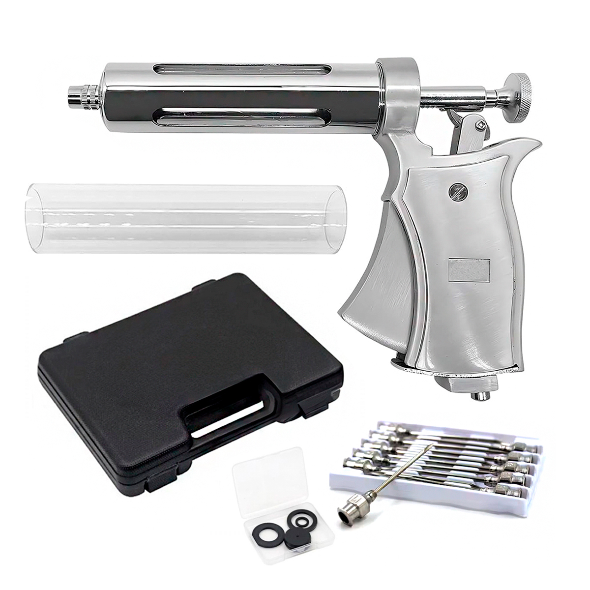 Pistola Seringa Veterinária SemiAutomática 50ml inox com 10 Aplicadores  Bovino/Equino/Ovino